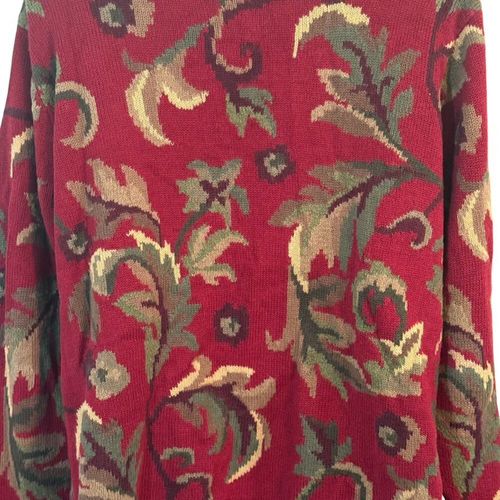 Talbots Red Leaf Design Cotton & Ramie Blend Zip Up Cardigan Sweater sz Large - Picture 2 of 16